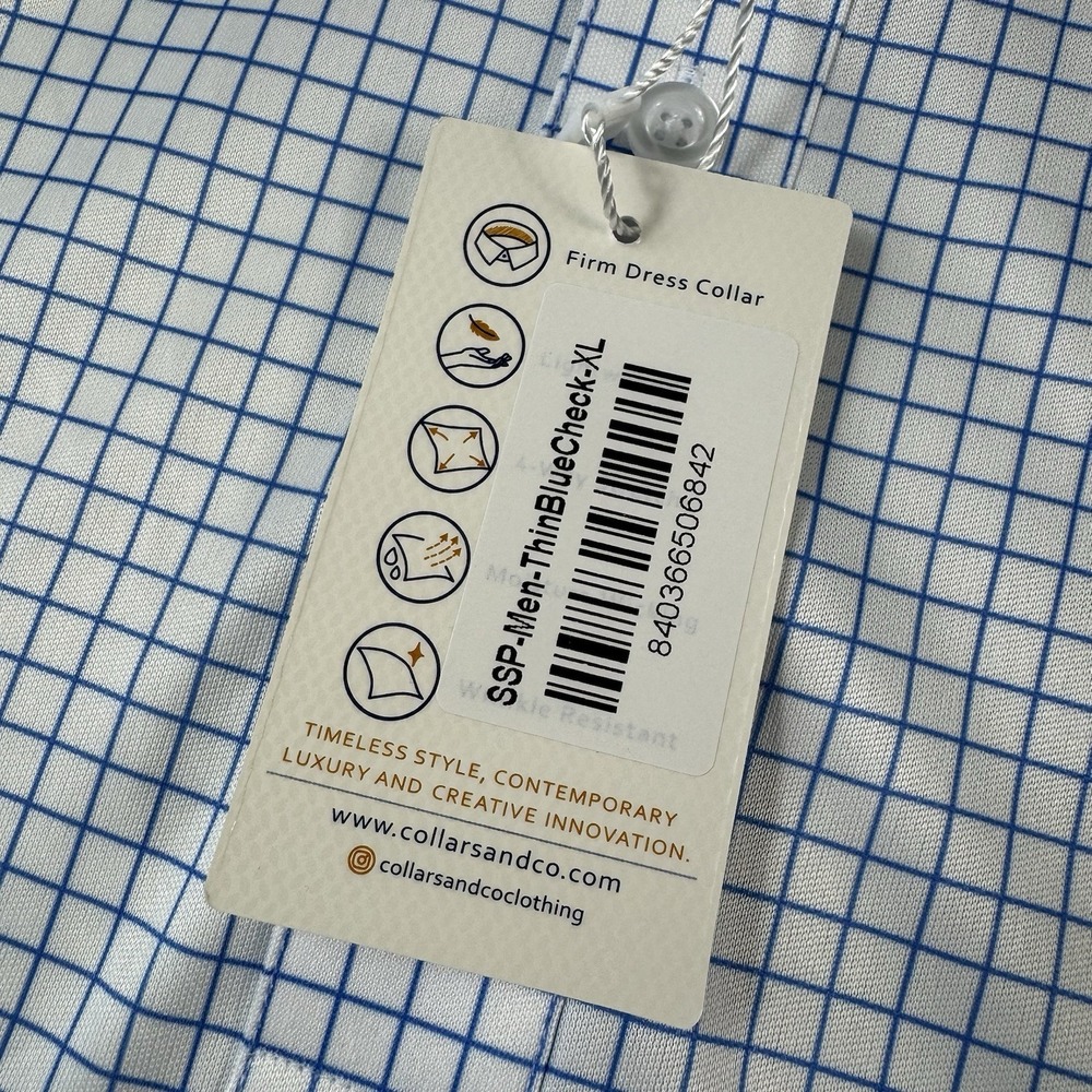 NWT Collars & Co. White Blue Grid Check Dress Collar Men's Polo Size XL - Picture 5 of 7